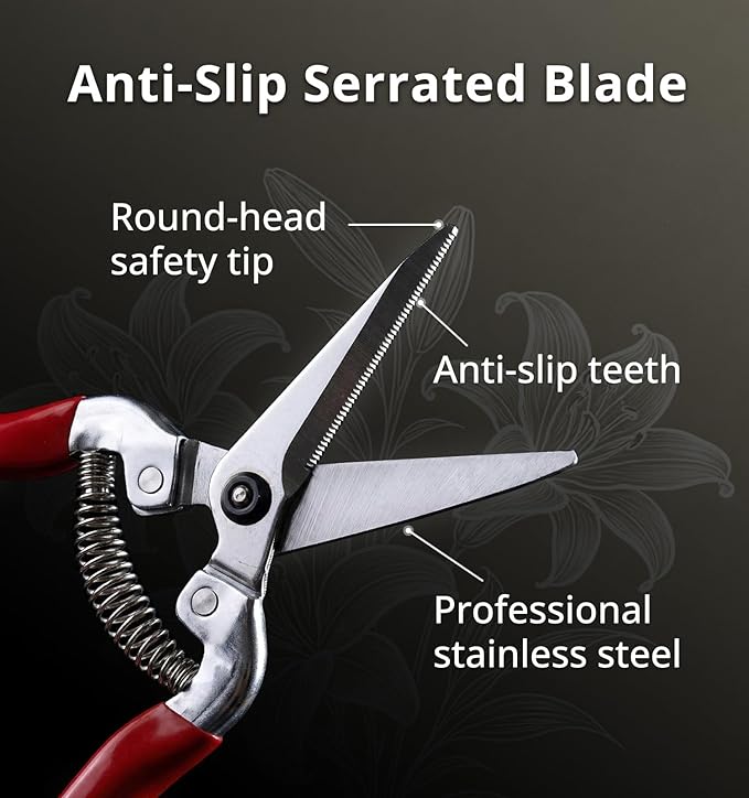 Gardeness Pruning Shear Straight Pruning Snip with Stainless Steel Serrated Blade, Adjustable Joint Screw Micro Tip Garden Scissor for Arranging, Trimming, Harvesting Fruit, Vegetables, Made in Taiwan