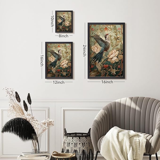 CAZLOUC Vintage Hummingbird Wall Art, William Morris Flower Wall Decor, Nature Floral Aesthetic Picture, Neutral Botanical Canvas Print for Living Room Bedroom Bathroom Office Wood Framed 8x10 Inch