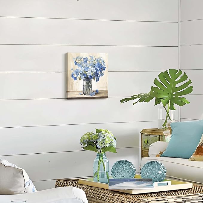 ArtSquare Blue Floral Canvas Wall Art - Tranquil Vase Flowers Painting Nature Scenery Artwork Blossom Prints for Bedroom Bathroom Decor 12x12 Inch