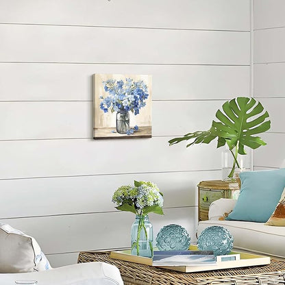 ArtSquare Blue Floral Canvas Wall Art - Tranquil Vase Flowers Painting Nature Scenery Artwork Blossom Prints for Bedroom Bathroom Decor 12x12 Inch