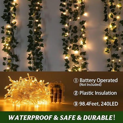 BLEUM CADE 30 Strands 210Ft Fake Vines for Bedroom with 98.4Ft String Lights, Cute Artificial Hanging Ivy Vines with Fake Leaves, Fake Plants for Christmas Party Garden Wall Room Decor
