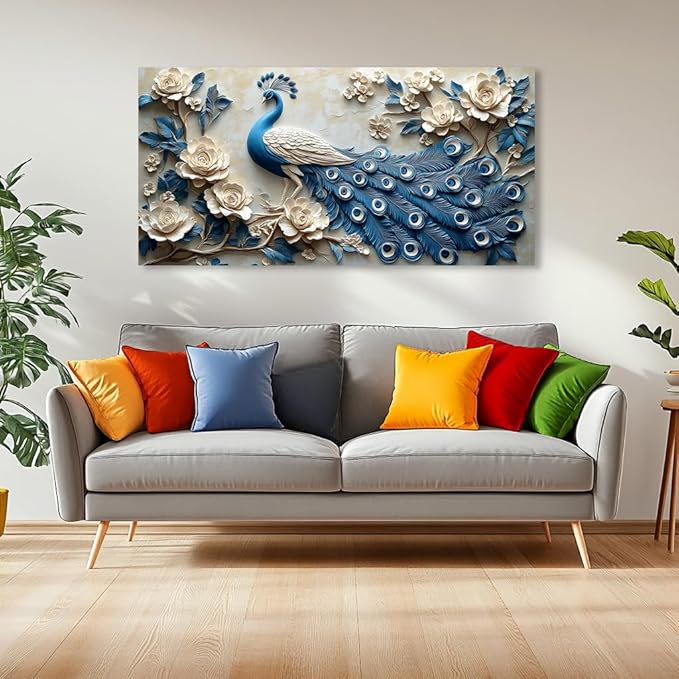 Navy Blue Peacock Wall Art for Living Room Office Elegant Animal Peacock and Roses Painting Prints Vintage Canvas Artwork Girls Bedroom Décor Ready to Hang (30x60 Inches)