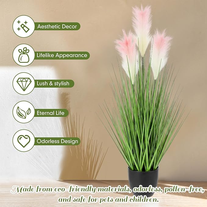 Jexine 2 Pcs Artificial Potted Plants 4 ft Tall Artificial Grass with Reed Flowers Potted Fake Greenery Floor Plants Tall in Pot for Housewarming Gift House Garden Bathroom Lobby Outdoor Decoration