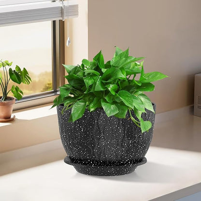 12/10/9 Inch Planter Pots, 3-Pack Large Flower Pots for Indoor Outdoor Garden Plants, Big Plant Pots with Multi Mesh Drainage Holes and Saucer (Speckled Black, 12"+10"+9")