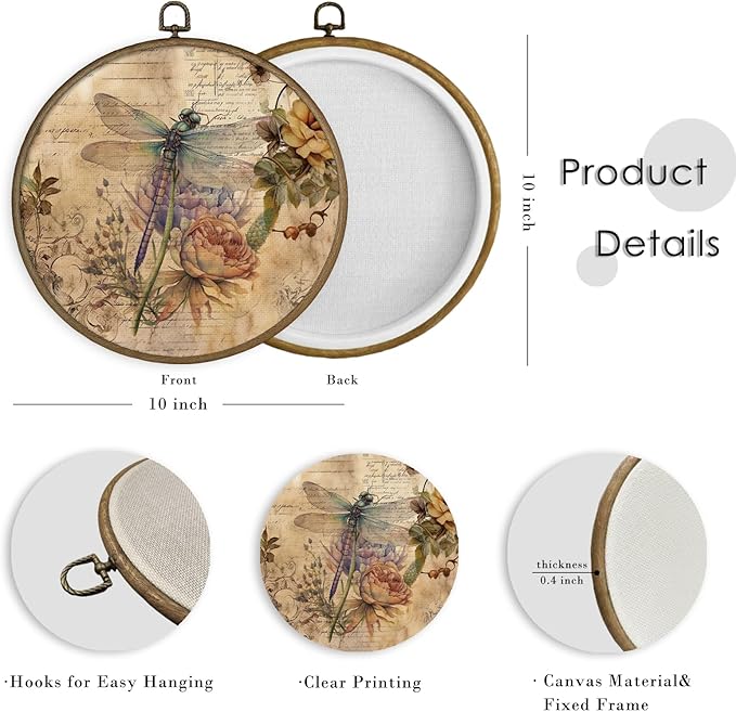 MAQIKA Vintage Dragonfly Flower Framed Wall Art Decor, Retro Botanical Round Wall Hanging Decor, Canvas Prints Wall Art for Farmhouse Bedroom Living Room, 10x10 Inch