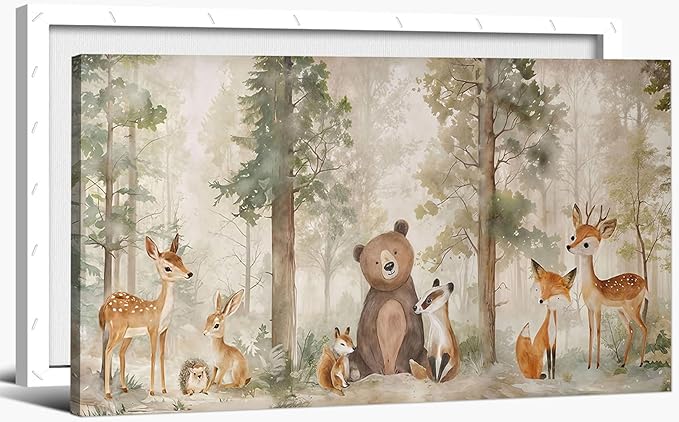 Large Frame Woodland Animal Nursery Canvas Wall Art Wild Animal Forest Painting Picture Wall Decor Fox Bear Deer Watercolor Poster Printing Artwork for Boys Room Girls Room Home Decoration 24x12"