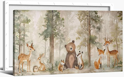 Large Frame Woodland Animal Nursery Canvas Wall Art Wild Animal Forest Painting Picture Wall Decor Fox Bear Deer Watercolor Poster Printing Artwork for Boys Room Girls Room Home Decoration 24x12"