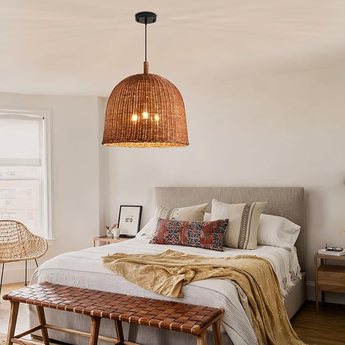 17" Rattan Pendant Light Fixtures, 3-Lights Boho Chandelier Hand Woven Pendant Light Farmhouse Hanging Light for Living Room Kitchen Island Dining Room Hallway