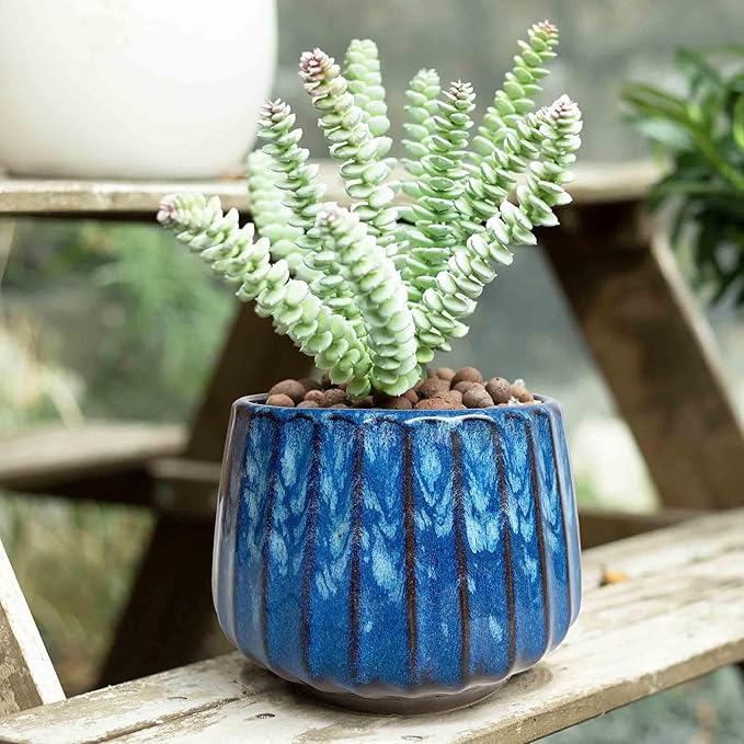 5.5 inch Plant Pot Ceramic，Reactive Glaze Pot with Drainage Hole for Indoor/Outdoor Plants，Breathable Small Cactus Pot Glazed Blue