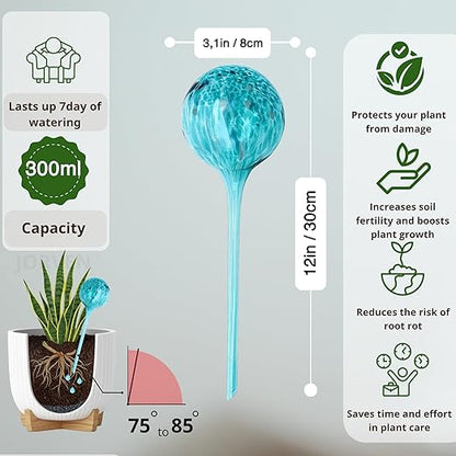 Premium Self Watering Globes, Set of 4 – XLarge 300 ml Automatic Hand-Blown Multicolored Glass Bulbs, Indoor/Outdoor Plant Waterer for Flower Pots & Garden Vacation Irrigation