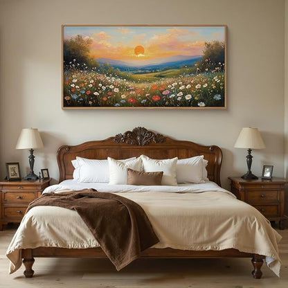HOURIA Watercolor Sunset Floral Meadow Landscape Framed Canvas Wall Art Set,Boho Vibrant Colorful Wildflower Decor,Modern Nature Inspired Scenery Artwork for Living Room,Bedroom,Farmhouse-20 x40 x1