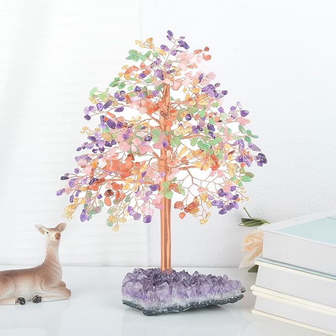 Natural Gemstone Crystal Tree of Life,Chakra Tree Multi Stone,Amethyst Geode Cluster Base,Positive Energy Healing Crystals Bonsai Money Tree,Feng Shui Home Decor Spritural Gift10-12"