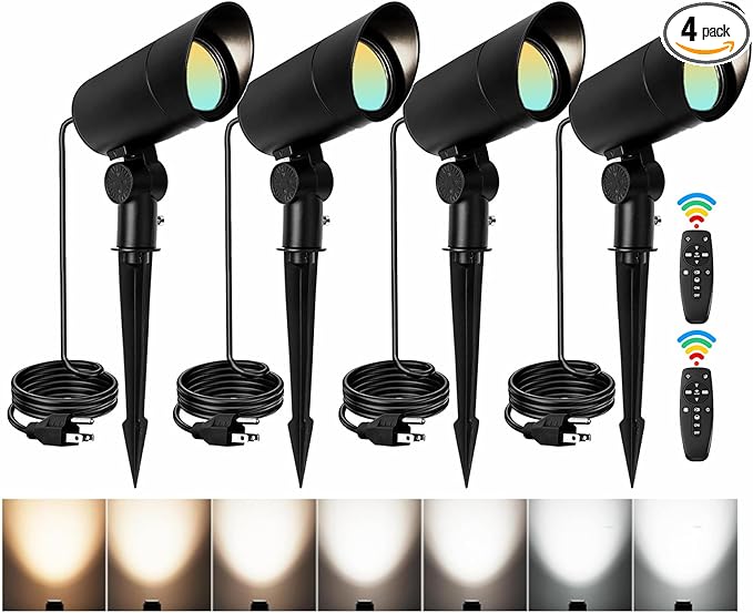 LED Landscape Lights 20W Ultra Bright Spot Lights, N~CCT Warm White Landscape Lighting with Remote IP68 Waterproof, 120V Landscape Spotlight with Plug for Yard Garden Decor (4, High Voltage)