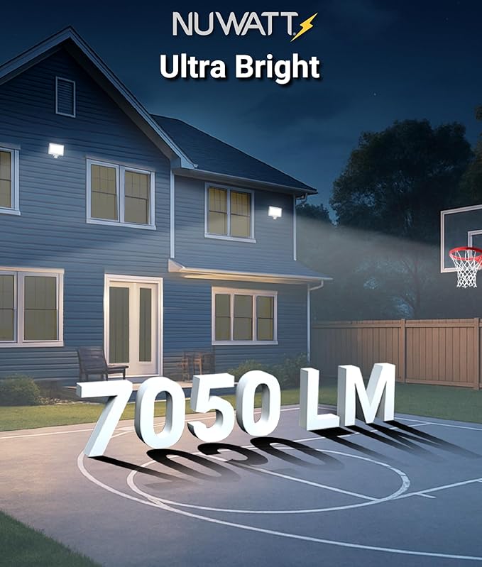 NUWATT 50W LED Flood Light, 3CCT 3000K/4000K/5000K Selectable, IP65 Waterproof Lighting, Adjustable Knuckle Mount, 7050LM, 0-10V Dimmable, 120-277V, Outdoor Security Floodlight for Yard, White, UL