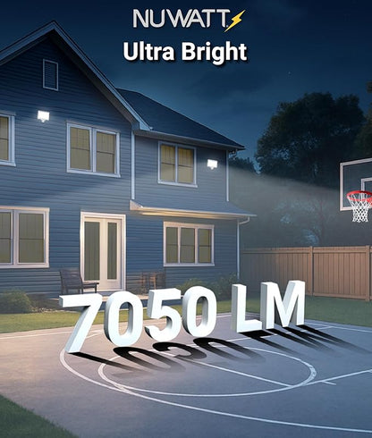 NUWATT 50W LED Flood Light, 3CCT 3000K/4000K/5000K Selectable, IP65 Waterproof Lighting, Adjustable Knuckle Mount, 7050LM, 0-10V Dimmable, 120-277V, Outdoor Security Floodlight for Yard, White, UL