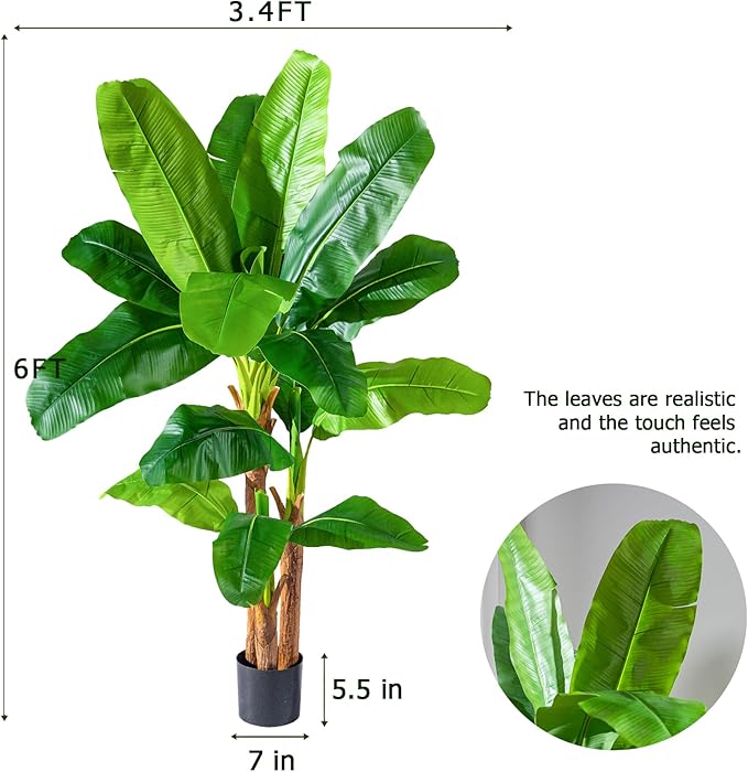 6FT Artificial Banana Tree Tall Fake Banana Leaf Plant Faux Banana Silk Tree Faux Banana Leaves for Home Swimming Pool Indoor Outdoor Patio Tropical Decor
