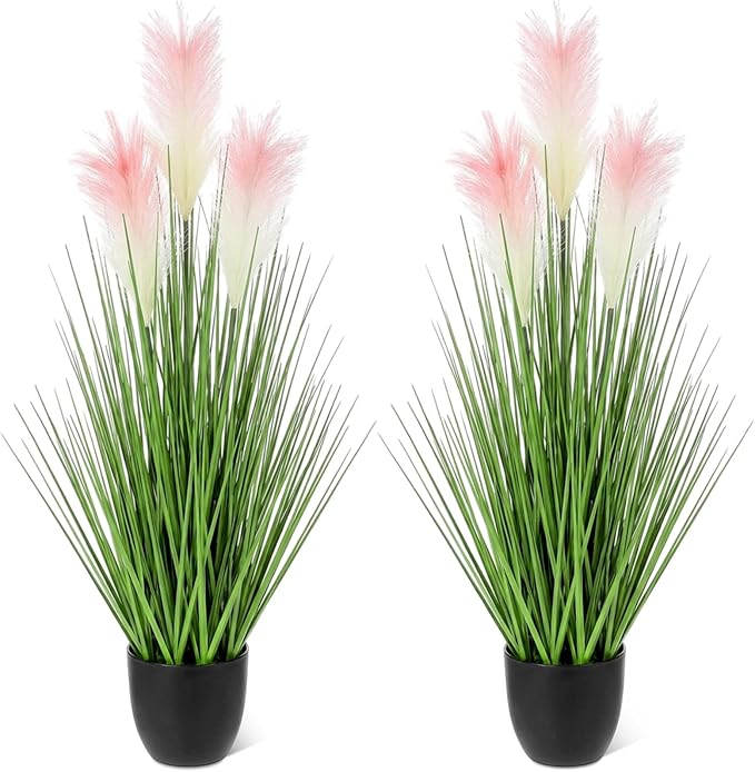 Jexine 2 Pcs Artificial Potted Plants 4 ft Tall Artificial Grass with Reed Flowers Potted Fake Greenery Floor Plants Tall in Pot for Housewarming Gift House Garden Bathroom Lobby Outdoor Decoration