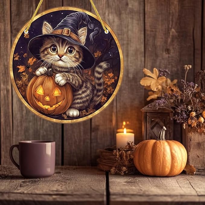 Acrylic Window Hanging Pumpkin Wizard Cat Stained Panel Window Decoration for Halloween Decorations Outdoor Indoor Garden Yard Home Halloween Decor 8 Inch