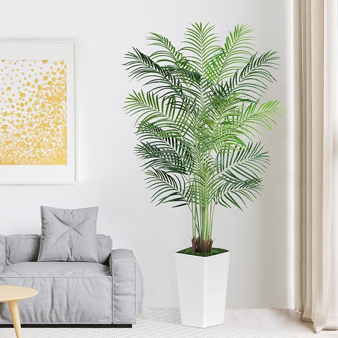 7ft Artificial Palm Tree with White Planter-Tall Artificial Indoor Plants, Fake Tropical Palm Tree, Faux Silk Plants for Home Office Living Room Bedroom Modern Decor