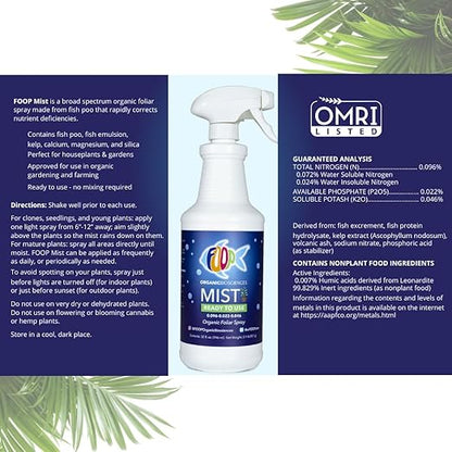 FOOP Mist - Organic Foliar Spray Made from Fish Manure (with Fresh Minty Scent) | Corrects & Prevents Plant Nutrient Deficiencies | Ready to Use, No Mixing Required (32oz, 2 Pack)