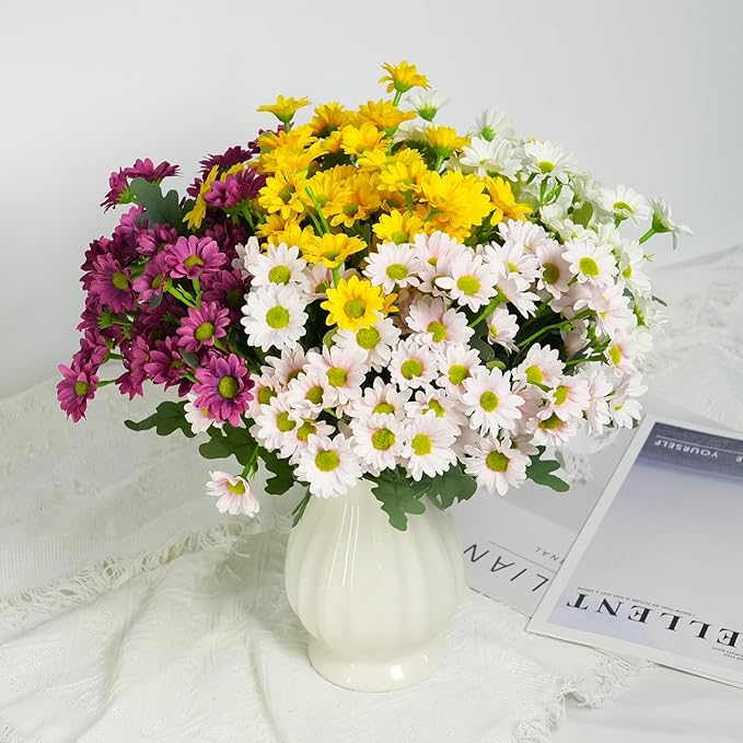 Artificial Fake Mums Flowers Plants for Outdoors ,12 Bundles Faux mums Mix Silk Glory UV Sun Resistant, Realistic Flowers for Planter Porch Patio Yard Balcony Home Decor (yellow/white/pink/red)