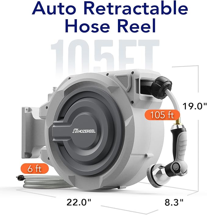 110 FT Retractable Garden Hose Reel by HOZEREEL, Outdoor Garden Hose Reels 1/2" - Automatic Self Retract Wall Mount Hose Reel Enclosed Storage, Any Length Lock, 10 Pattern Nozzle-Grey