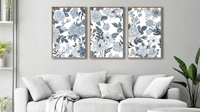 Large Framed Canvas Wall Art - Natural Float Framed Rustic Grey White Flowers Pictures Decor Gray Blue Leaves Artwork Prints for Bedroom Living Room Kitchen Home Office Decoration 72" X 36" Set of 3