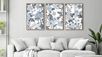Large Framed Canvas Wall Art - Natural Float Framed Rustic Grey White Flowers Pictures Decor Gray Blue Leaves Artwork Prints for Bedroom Living Room Kitchen Home Office Decoration 48" X 24" Set of 3