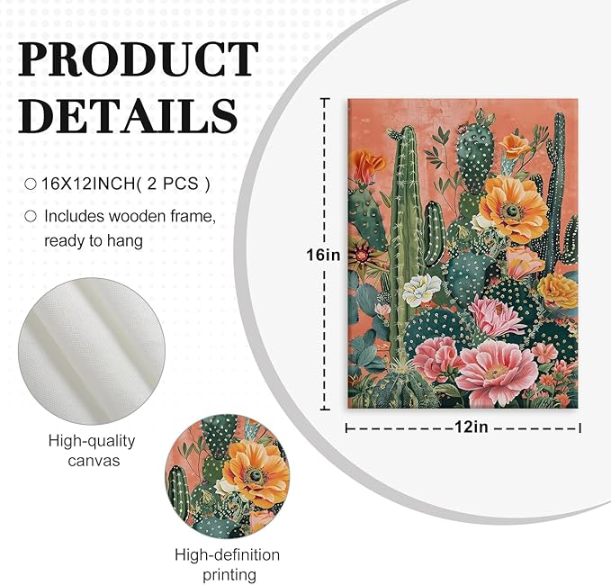 RUMSICH 2Pieces Mexican Cactus Canvas Wall Cover Art Vintage Desert Floral Wall Decor Paintings Southwestern Artwork Pictures Bohemian Botanical Posters Print Bedroom Bathroom Office Decor 12×16 Inch