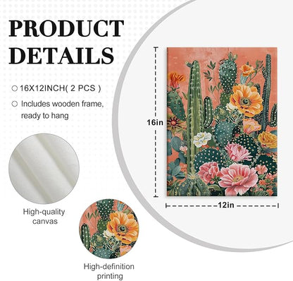 RUMSICH 2Pieces Mexican Cactus Canvas Wall Cover Art Vintage Desert Floral Wall Decor Paintings Southwestern Artwork Pictures Bohemian Botanical Posters Print Bedroom Bathroom Office Decor 12×16 Inch