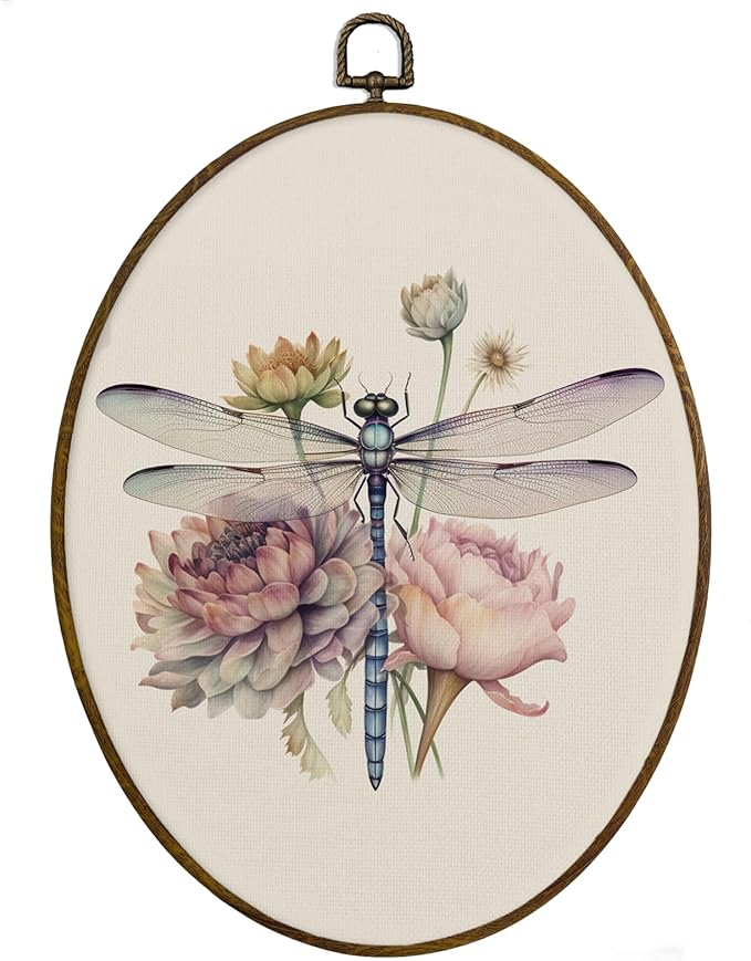 MAQIKA Dragonfly Flower Oval Framed Wall Art Decor, Dragonfly Wall Art, Boho Botanical oval Wall Oval Decor, Vintage Dragonflies Canvas Prints Wall Art for Farmhouse Wall Bedroom,8.7x11.3 Inch
