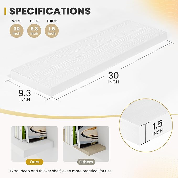 30 Inch Floating Shelves, 9.3" Deep Floating Shelf Wall Mounted, 30" Wall Shelves, Rustic Deep Bookshelf, Large Display Shelves & Storage Shelves for Bedroom, Living Room, White, Set of 2
