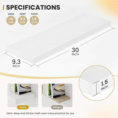 30 Inch Floating Shelves, 9.3" Deep Floating Shelf Wall Mounted, 30" Wall Shelves, Rustic Deep Bookshelf, Large Display Shelves & Storage Shelves for Bedroom, Living Room, White, Set of 2