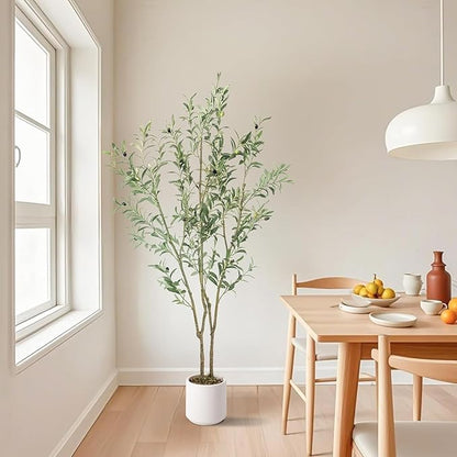 Artificial Fake Olive Tree 5FT Tall 1Pack with White Planter Faux Silk Olive Tree for Home Living Room Office Decor Faux Artificial Plants Indoor with Fruit & Free Moss