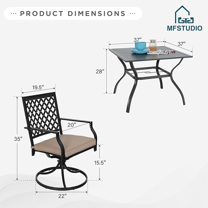 MFSTUDIO 5 PCS Metal Outdoor Patio Furniture Dining Set with 4 Metal Swivel Chairs and Square Dining Table with Umbrella Hole, Black