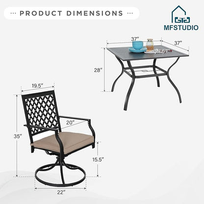 MFSTUDIO 5 PCS Metal Outdoor Patio Furniture Dining Set with 4 Metal Swivel Chairs and Square Dining Table with Umbrella Hole, Black