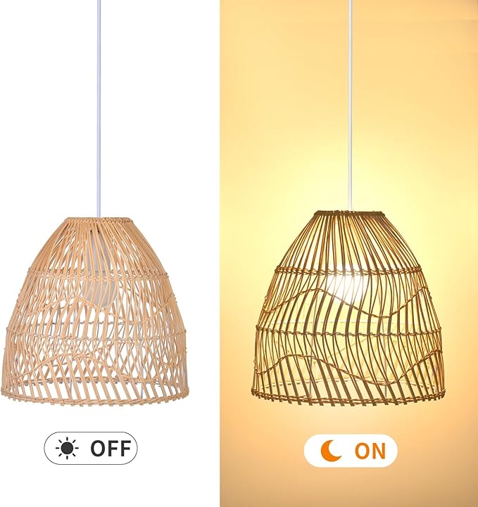 Arturesthome Rattan Pendant Light Fixture,Wicker Chandelier Boho Basket Ceiling Lighting,Natural Woven Hanging Lamp for Kitchen Island11.8 * 11.8"