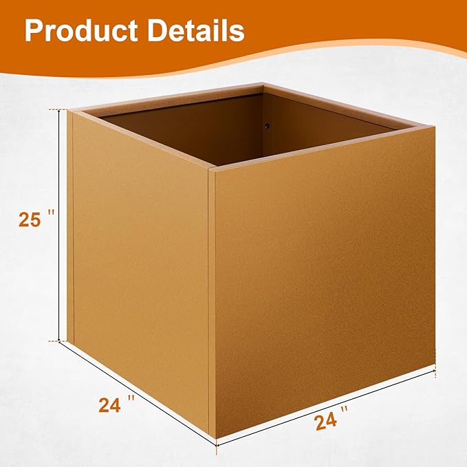 Corten Steel Planter Box 24"x24"x25", Rustic Metal Planter with Partitions & Drainage Holes, Frost Rust Resistant Heavy Duty Planter for Patio Garden Indoor Outdoor Commercial Decor