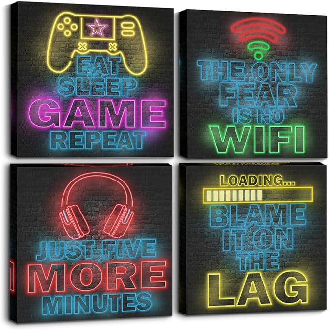 4 PCs Neon Gaming Wall Decor Canvas Wall Art Framed Art Game Room Decor Boys Room Decor Gaming Posters, Gamer Room Decor for Boys, Artwork for Walls Video Game Room Playroom Man Cave Home Decor