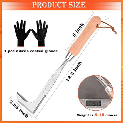 3-Sided Crevice Weeder - 12.6" Stainless Steel Garden Weeding Tool with Beech Handle, L-Shaped Crevice Weeder Sickle for Garden Lawn, Yard Patio Terrace, Paving Gaps
