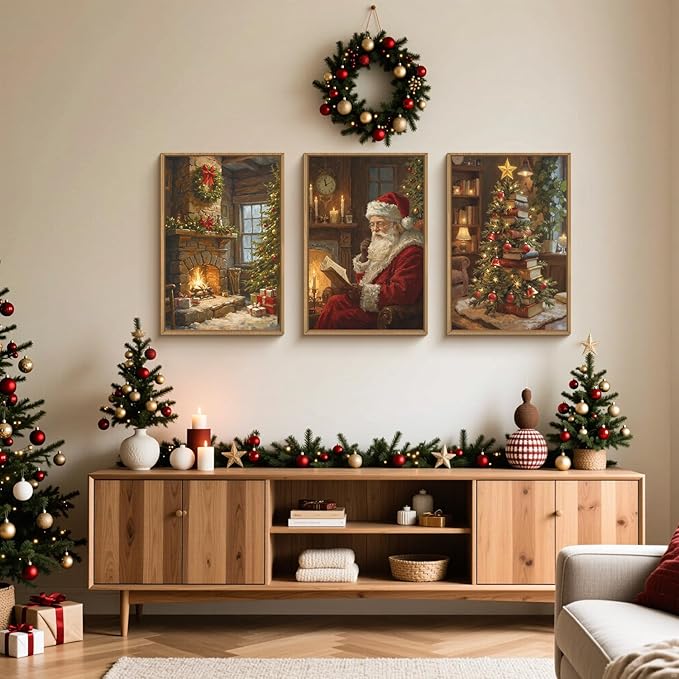 Large Vintage Christmas Framed Canvas Wall Art Set,Santa Reading Book Wall Decor,Retro Xmas Tree Art Prints,Snowy Winter Fireplace Artwork for Living Room,Bedroom,Farmhouse -16"x24"x3