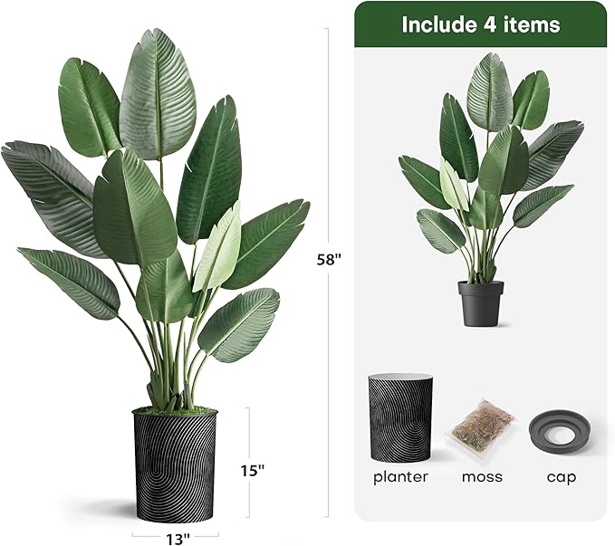 Artificial Tree in Geometric Spiral Pattern Planter, Fake Bird of Paradise Silk Tree for Indoor and Outdoor Home Decoration - 58" Overall Tall (Plant Pot Plus Tree)