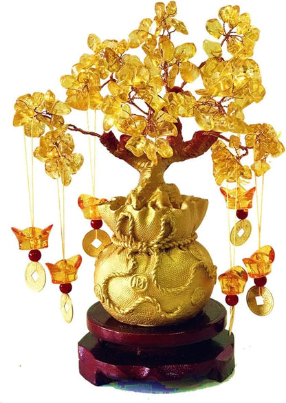 Feng Shui Citrine Money Tree and Crystal Faucet Tree - Chinese Dragon Fortune Gift (Gold)