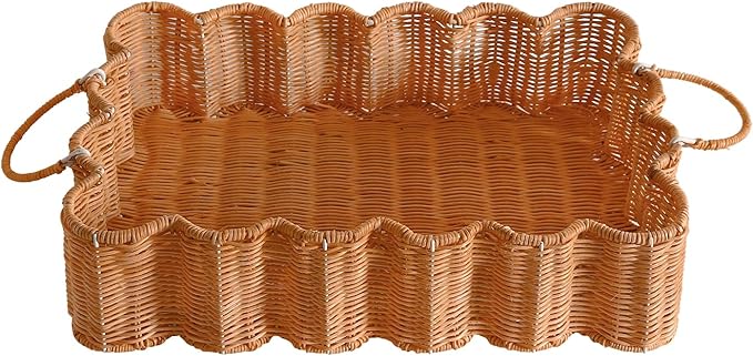 Scalloped Rattan Tray Basket,17"*12"*4" Super Hard Rectangle Hand Woven Wicker Serving Tray with Handles, Seagrass Decoratve Tray for Coffee Table (Rattan-Light Orange-17 * 12 * 4")