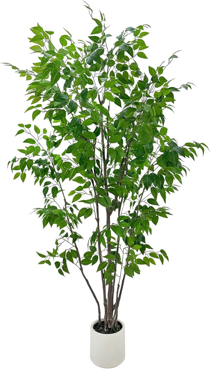 Artificial Ficus Tree with Green Leaves, 7ft Tall, Indoor Plant with Decorative Beige Planter