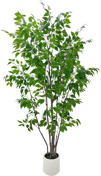 Artificial Ficus Tree with Green Leaves, 7ft Tall, Indoor Plant with Decorative Beige Planter