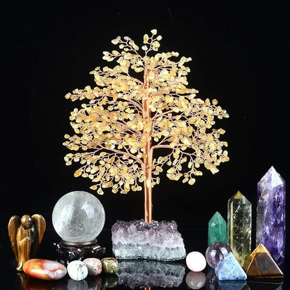 Crystal Tree of Life Natural Citrine Gemstone,Amethyst Geode Cluster,Chakra Balancing Positive Energy Healing Crystals Feng Shui Home Decor Money Tree,Gift 10"-11"
