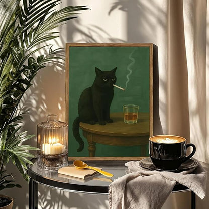 Moody Black Cat Wall Art, Funny Smoking Cat with Whiskey Wall Decor Painting Dark Humor Animal Bar Cart Poster Canvas Prints for Living Room Bedroom 12x16 inch Wood Framed