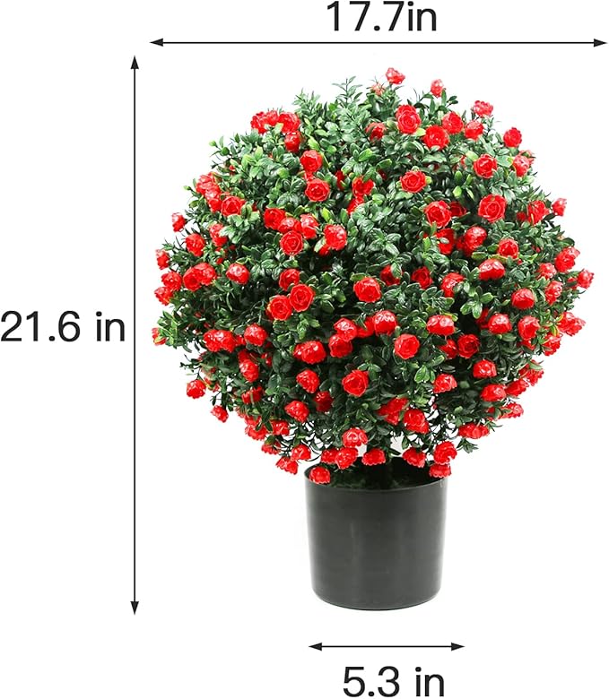 Sunnyglade 21.6” Tall Artificial Rose Topiary Ball Tree Set of 2 Pack Potted Bushes UV Resistant Potted Plants for Indoor Outdoor Home Garden(Red)