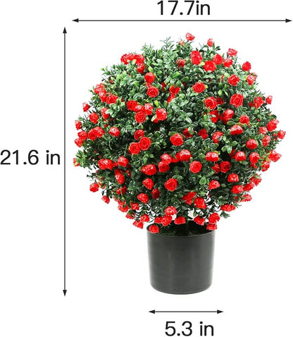 Sunnyglade 21.6” Tall Artificial Rose Topiary Ball Tree Set of 2 Pack Potted Bushes UV Resistant Potted Plants for Indoor Outdoor Home Garden(Red)